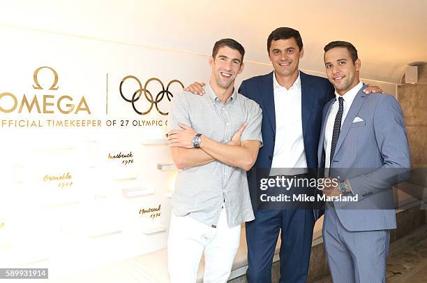 Chad le Clos, Michael Phelps and Aleksandr Popov pictured at Swimming Legends night at OMEGA House Rio 2016 on August 15, 2016 in Rio de Janeiro,...