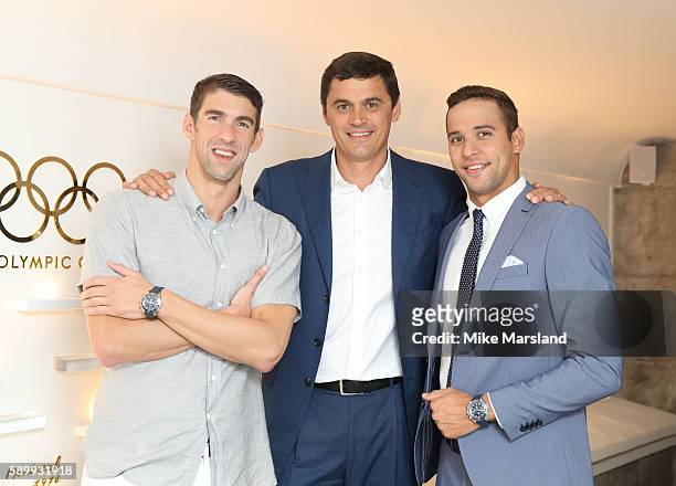 Chad le Clos, Michael Phelps and Aleksandr Popov pictured at Swimming Legends night at OMEGA House Rio 2016 on August 15, 2016 in Rio de Janeiro,...