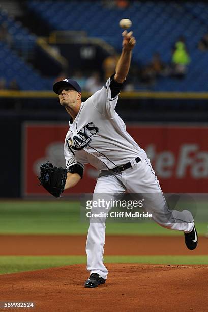 Drew Smyly of the Tampa Bay Rays pitches in the first inning against the San Diego Padres on August 15, 2016 at Tropicana Field in St. Petersburg,...