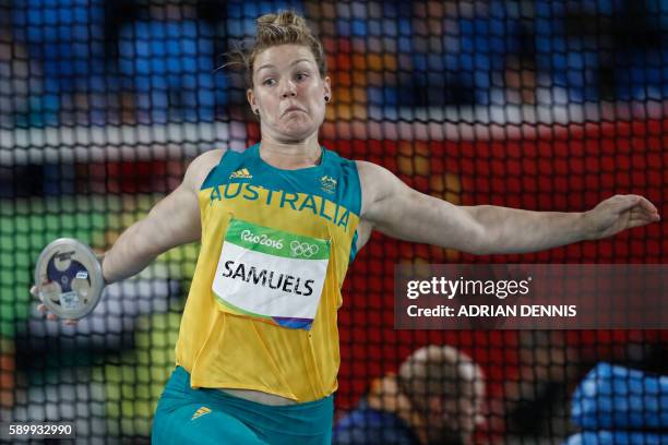Australia's Dani Samuels competes in the Women's Discus Throw Qualifying Round during the athletics competition at the Rio 2016 Olympic Games at the...