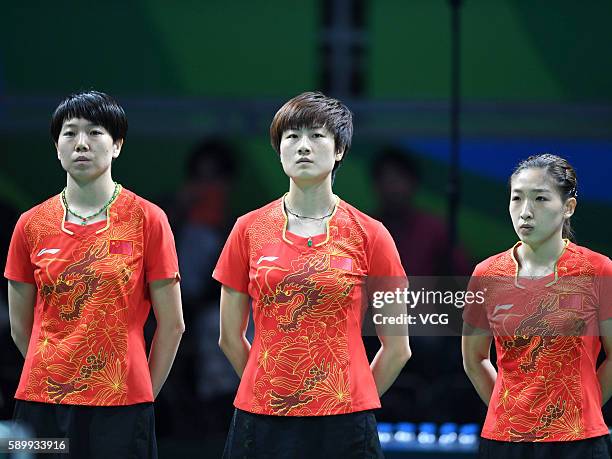 Li Xiaoxia, Ding Ning and Liu Shiwen of China attend the Table Tennis Women's Team Round Semi Final between China and Singapore during Day 10 of the...