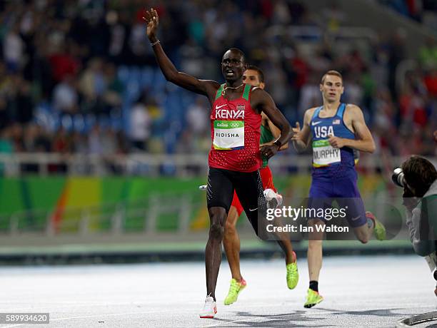 David Lekuta Rudisha of Kenya reacts after winning the Men's 800m Final on Day 10 of the Rio 2016 Olympic Games at the Olympic Stadium on August 15,...