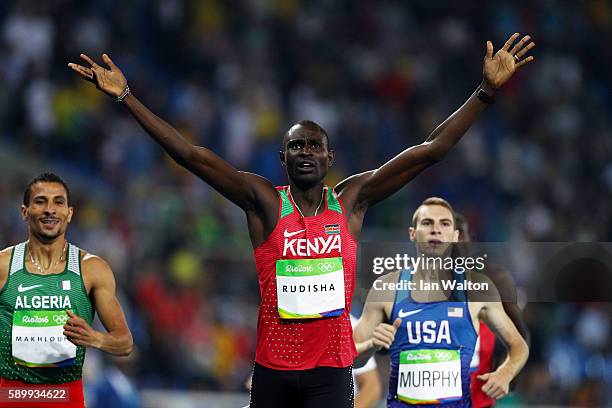 David Lekuta Rudisha of Kenya reacts after winning the Men's 800m Final on Day 10 of the Rio 2016 Olympic Games at the Olympic Stadium on August 15,...