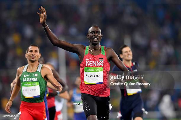 David Lekuta Rudisha of Kenya reacts as he wins the Men's 800m Final on Day 10 of the Rio 2016 Olympic Games at the Olympic Stadium on August 15,...
