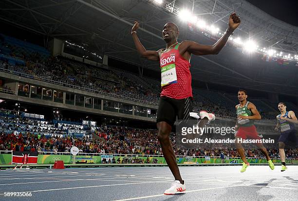 David Lekuta Rudisha of Kenya reacts as he wins the Men's 800m Final on Day 10 of the Rio 2016 Olympic Games at the Olympic Stadium on August 15,...