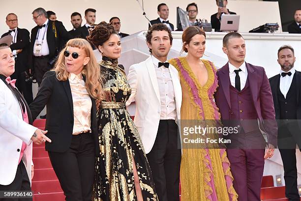 Director Andrea Arnold, Sasha Lane, Shia LaBeouf, Riley Keough and McCaul Lombardi attend the 'American Honey' premiere during the 69th annual Cannes...