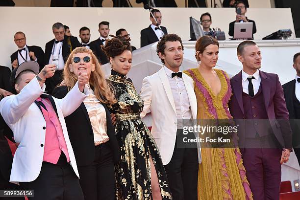 Veronica Ezell, director Andrea Arnold, Sasha Lane, Shia LaBeouf, Riley Keough and McCaul Lombardi attend the 'American Honey' premiere during the...