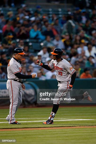 Adam Jones of the Baltimore Orioles is congratulated by third base coach Bobby Dickerson after hitting a home run against the Oakland Athletics...