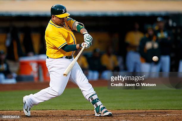 Billy Butler of the Oakland Athletics at bat against the Baltimore Orioles during the third inning at the Oakland Coliseum on August 9, 2016 in...