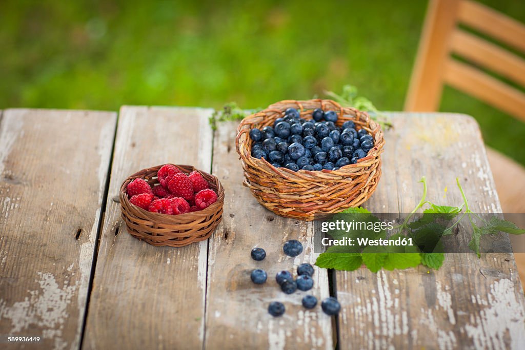 Raspberries and blueberries in baskets