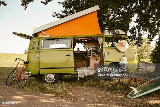 van with roof tent in the nature - rv camping stock pictures, royalty-free photos & images
