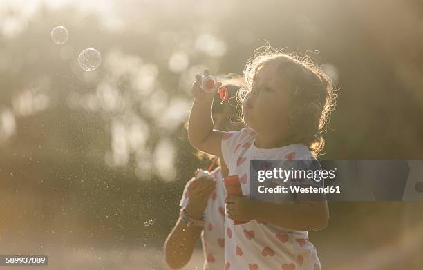 two little sisters making soap bubbles in the park at twilight - lightweight stock pictures, royalty-free photos & images