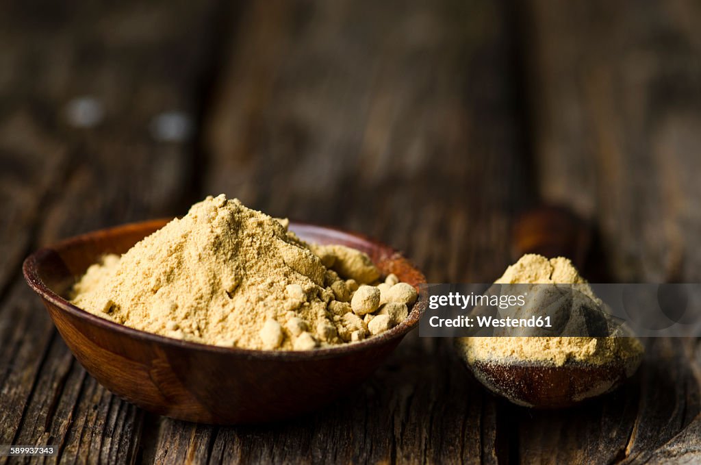 Wooden bowl and spoon with ginger powder on dark wood