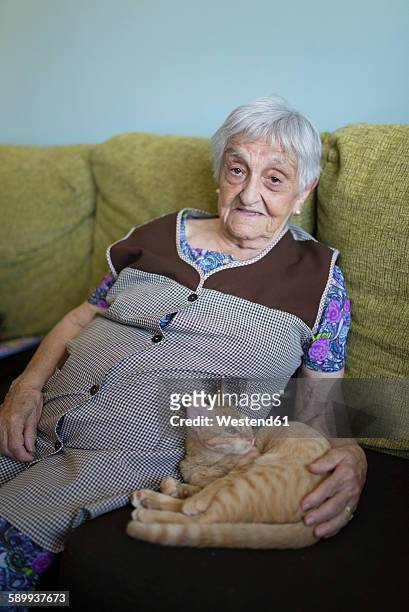 portrait of senior woman sitting on couch with tabby kitten - old woman cat stock-fotos und bilder