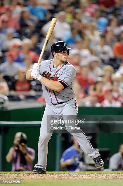 Anthony Recker of the Atlanta Braves bats against the Washington Nationals at Nationals Park on August 12, 2016 in Washington, DC.