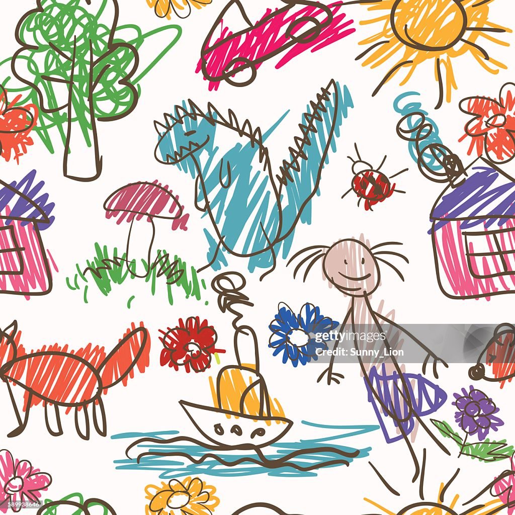 Cartoon One Line Pattern Vector Seamless Pattern Hand Drawn Cartoon Style High-Res Vector ...