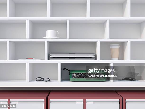 office shelf with typewriter, laptops, coffe cup and other things, 3d rendering - regal stock-grafiken, -clipart, -cartoons und -symbole