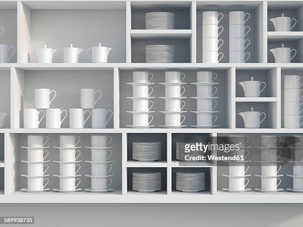 bildbanksillustrationer, clip art samt tecknat material och ikoner med white shelf with dishes, 3d rendering - porcelain