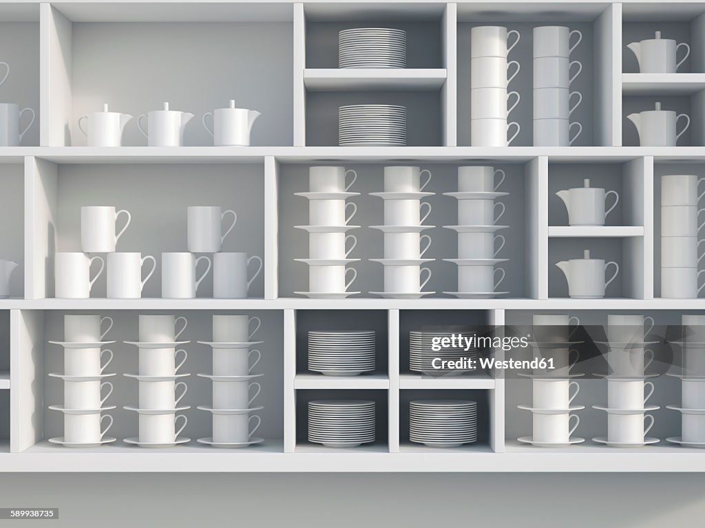 White shelf with dishes, 3D Rendering