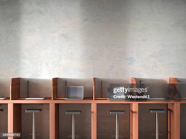row of work places with laptops, 3d rendering - workbench stock illustrations