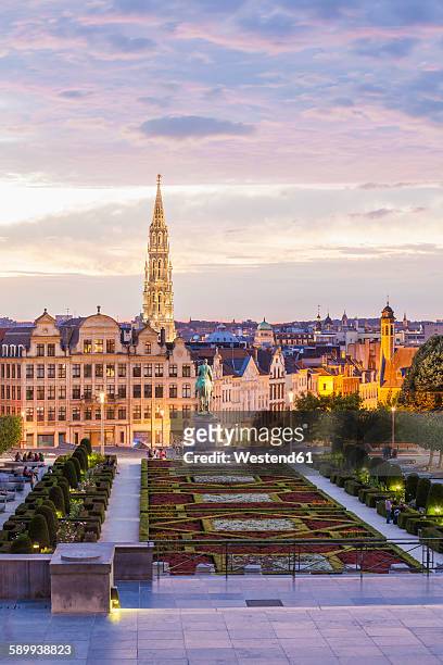 belgium, brussels, mont des arts, park and townhall tower, lower city in the evening - krakow park stock pictures, royalty-free photos & images