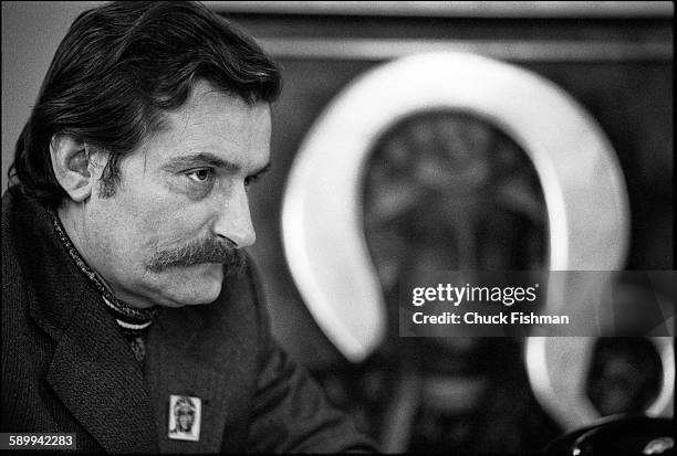 Close-up of Polish trade-unionist Lech Walesa in his office at Solidarity headquarters, Gdansk, Poland, December 1980. In the background is a...