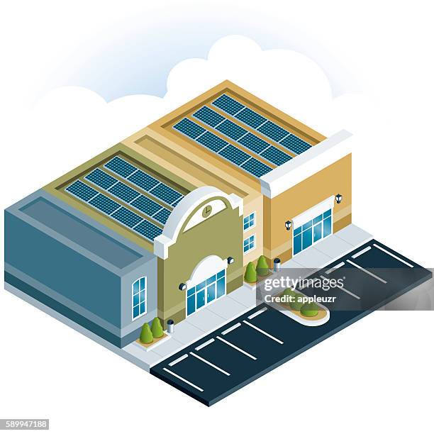 shopping center with solar panels - roof stock illustrations