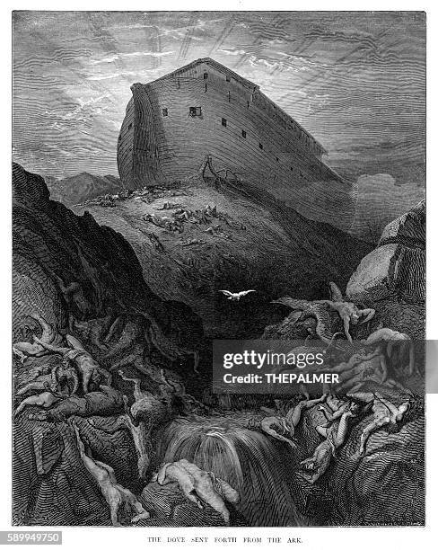 the dove sent from the ark engraving 1870 - noahs ark stock illustrations