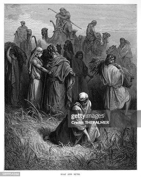 boaz and ruth engraving 1870 - ruth stock illustrations