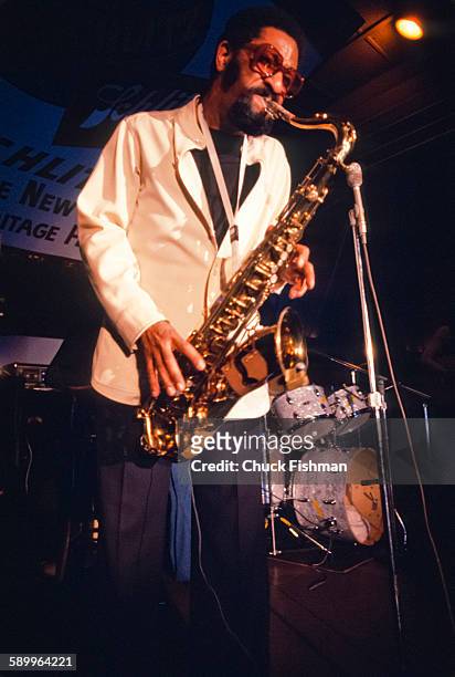 American Jazz musician Sonny Rollins performs onstage at the New Orleans Jazz & Heritage Festival, New Orleans, Louisiana, April 1977.