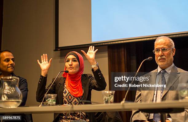 Executive Director of the Arab-American Association of New York Linda Sarsour speaks during the 'Life after Surveillance in Bay Ridge's Muslim...