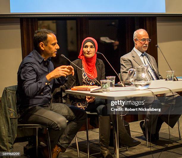 Author and associate professor Moustafa Bayoumi speaks during the 'Life after Surveillance in Bay Ridge's Muslim Community' panel discussion at the...