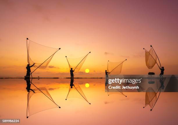 clam harvesting - fisherman at sunrise - go cong, tan thanh beach, vietnam - hanoi stock pictures, royalty-free photos & images