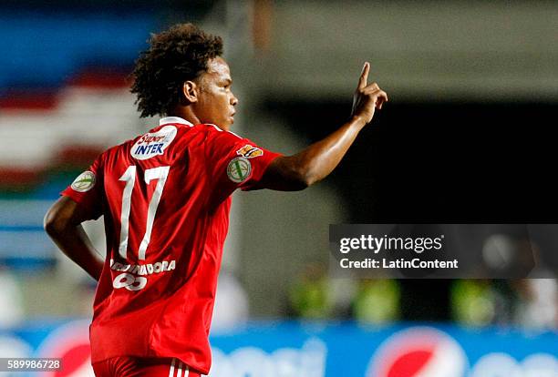 William Arboleda of America de Cali celebrates after scoring the second goal of his team during a match between America de Cali and Bogota FC as part...