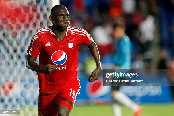 Cristian Martinez Borja of America de Cali celebrates after scoring the fourth goal of his team during a match between America de Cali and Bogota FC...