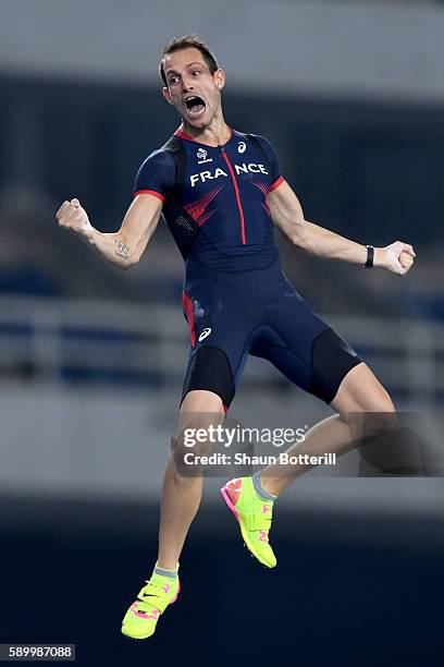 Renaud Lavillenie of France reacts while competing in the Men's Pole Vault final on Day 10 of the Rio 2016 Olympic Games at the Olympic Stadium on...