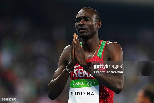 David Lekuta Rudisha of Kenya reacts after winning the gold medal in the Men's 800m Final on Day 10 of the Rio 2016 Olympic Games at the Olympic...