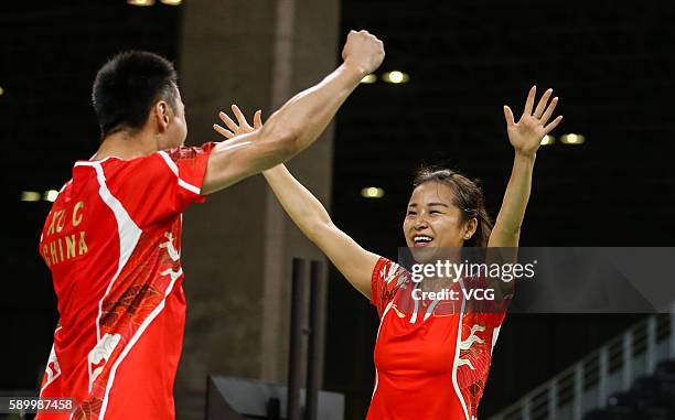 Ma Jin and Xu Chen of China celebrate during Badminton Mixed Doubles Quarter Final match against Ha Na Kim and Hyun Sung Ko of Korea on Day 9 of the...