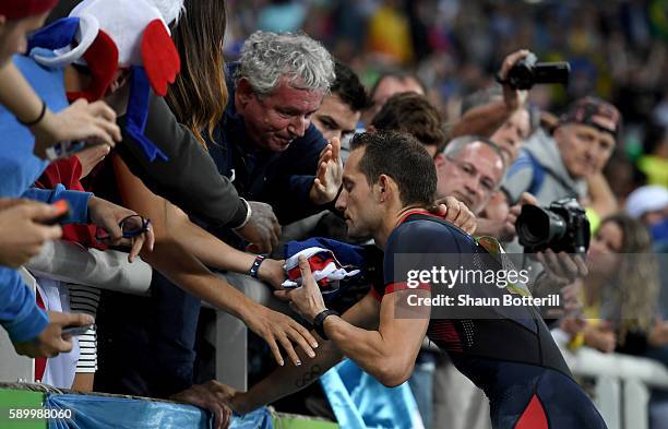 Renaud Lavillenie of France celebrates after placing second in the Men's Pole Vault final on Day 10 of the Rio 2016 Olympic Games at the Olympic...