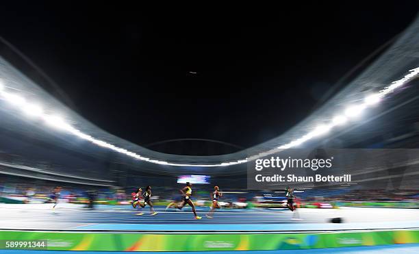 General view as athletes run in the in the Women's 400m final on Day 10 of the Rio 2016 Olympic Games at the Olympic Stadium on August 15, 2016 in...