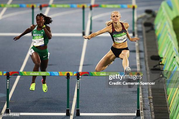 Sage Watson of Canada competes during the Women's 400m Hurdles Round 1 - Heat 6 on Day 10 of the Rio 2016 Olympic Games at the Olympic Stadium on...