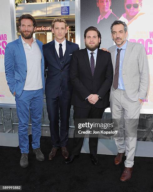 Bradley Cooper, Miles Teller, Jonah Hill and Todd Phillips arrive at the Los Angeles Premiere "War Dogs" at TCL Chinese Theatre on August 15, 2016 in...