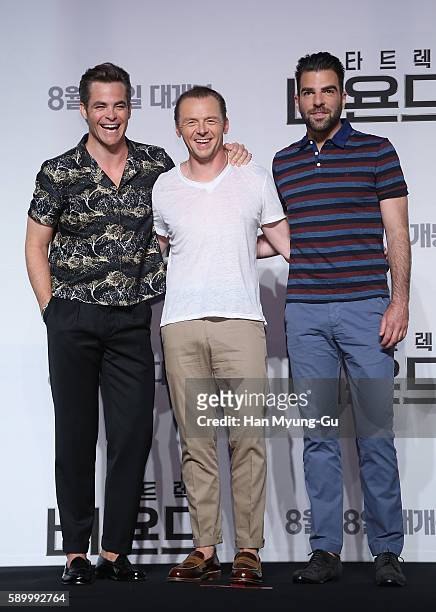 Actors Chris Pine, Simon Pegg and Zachary Quinto attend the Press Conference and Photocall in advance of the Fan Screening of the Paramount Pictures...