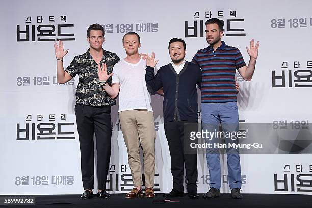 Actors Chris Pine, Simon Pegg, Zachary Quinto and director Justin Lin attend the Press Conference and Photocall in advance of the Fan Screening of...