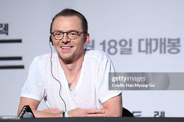 Actor Simon Pegg attends the Press Conference and Photocall in advance of the Fan Screening of the Paramount Pictures title "Star Trek Beyond," on...