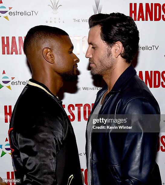 Actor/singer Usher Raymond and actor Edgar Ramirez arrive at the Pandora Summer Crush at L.A. Live on August 13, 2016 in Los Angeles, California.