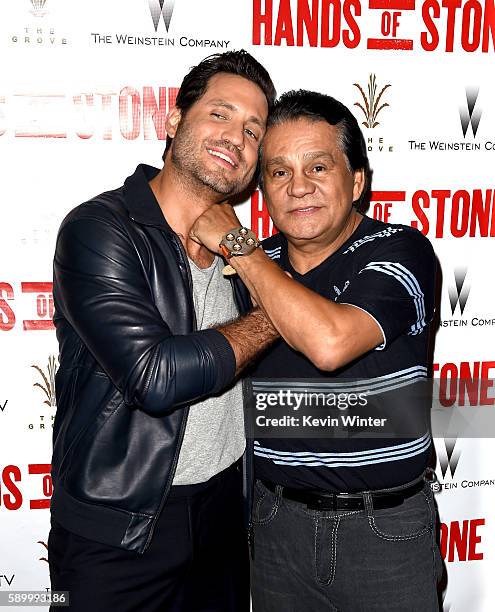Actor Edgar Ramirez and former professional boxer Roberto Duran arrive at the Pandora Summer Crush at L.A. Live on August 13, 2016 in Los Angeles,...