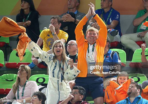 Queen Maxima of the Netherlands and King Willem-Alexander of the Netherlands celebrate the gold medal of Sanne Wevers of the Netherlands at the...