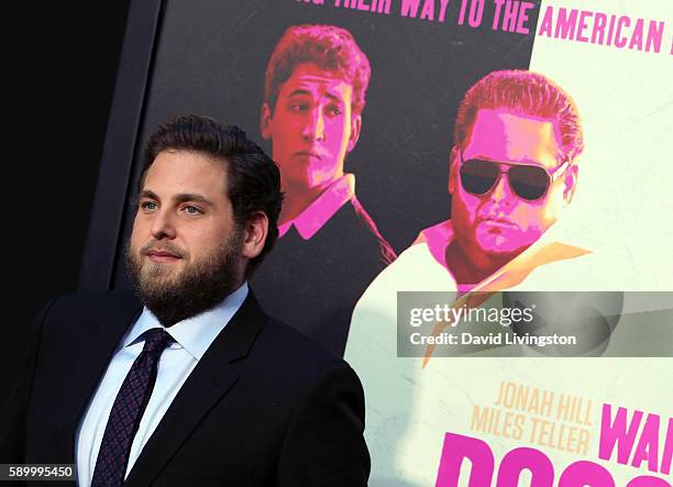 Actor Jonah Hill attends the premiere of Warner Bros. Pictures' "War Dogs" at the TCL Chinese Theatre on August 15, 2016 in Hollywood, California.