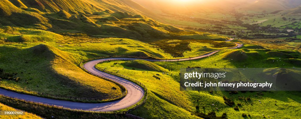 Edale valley twisty road at sunset in Derbyshire, Peak District, England.UK.